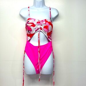 Women’s cut out drawstring one piece swimsuit Sz M pink floral high cut bathing
